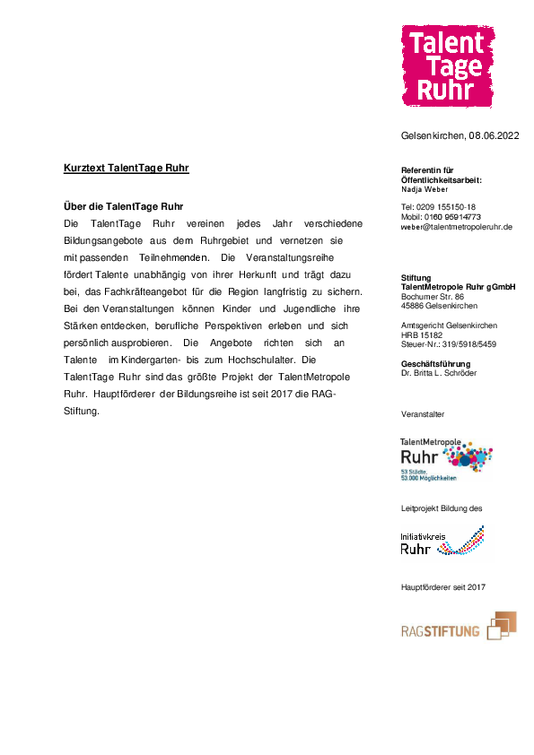 Kurztext TalentTage Ruhr
